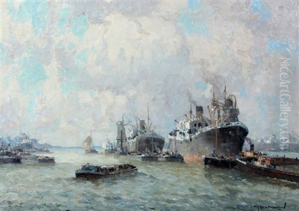 Schepen In De Haven Met Graanelevator by Gerard Delfgaauw