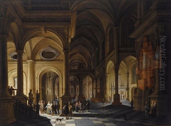 An Interior Of A Church By Night With Elegant Figures by Anthonie Delorme