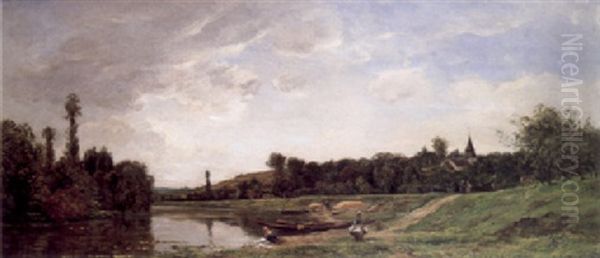 Washing On The Banks Of A River, A Village Beyond by Hippolyte Camille Delpy