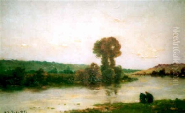 Les Lavandieres Au Bord De La Seine by Hippolyte Camille Delpy