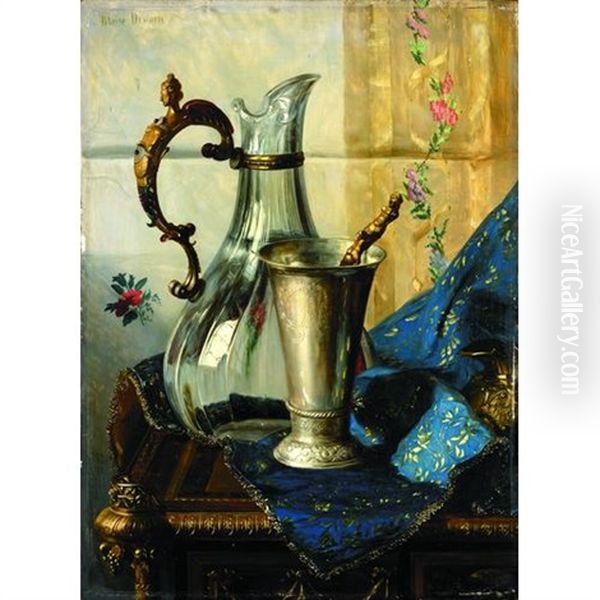 A Still Life With An Ewer And A Silver Cup On A Desk by Blaise Alexandre Desgoffe