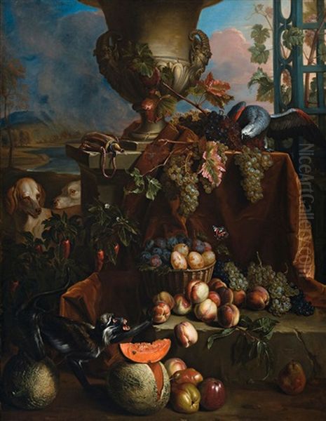 Still Life Of Fruits In A Landscape, With Dogs, Monkey And Parrot by Alexandre Francois Desportes