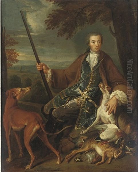 Portrait Of A Young Gentleman, Full-length, In A Hunting Dress With His Hounds In A Landscape by Alexandre Francois Desportes