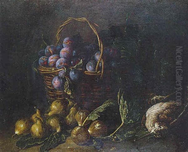 Nature Morte Au Panier De Prunes, Figues Et Becasse by Alexandre Francois Desportes