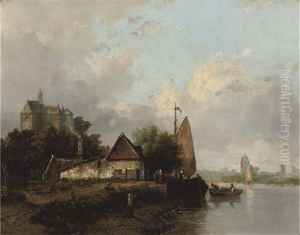 A Ship Moored Near A Dutch Town by Johannes Joseph Destree