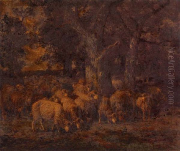 A Shepherd With His Flock At The Edge Of Forest by James Desvarreux-Larpenteur