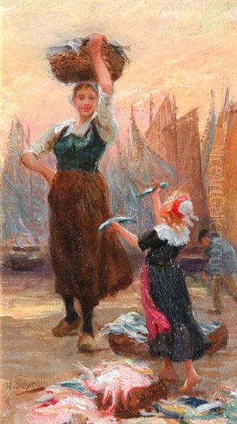 La Marchande De Poissons Et Sa Petite Fille by Theophile-Louis Deyrolle