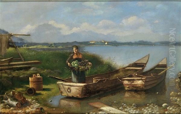 Am Ufer Von Frauenchiemsee. Frau Mit Krautkorb Bei Der Ruckkehr Von Der Krautinsel by August Wilhelm Dieffenbacher