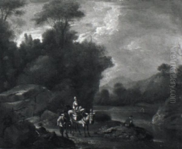 Italianate River Landscape Withe Travellers On Mules by Adriaen Van Diest