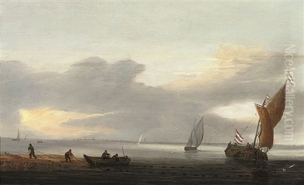 A Coastal Landscape With A Dutch Fishing Boat And Fishermen Drawing In Nets From A Rowing Boat by Jeronymus Van Diest