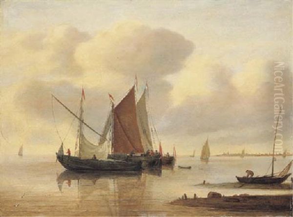 A Waterschip And Two Smalschips Off A Sandbank In A Calm, Other Shipping Off The Coast Beyond by Jeronymus Van Diest