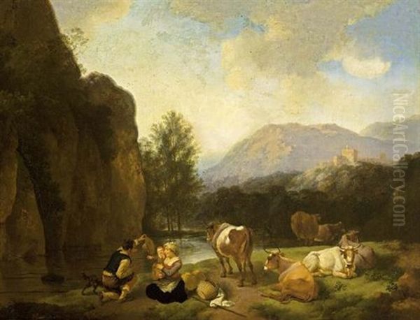 An Italianate Mountainous Landscape With A Shepherds' Family With Their Herd And A Dog Resting Near A Stream by Christian Wilhelm Ernst Dietrich