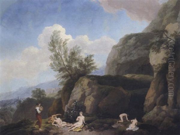 Badende Nymphen In Einer Sudlichen Gebirgslandschaft (die Auffindung Des Mosesknaben?) by Christian Wilhelm Ernst Dietrich