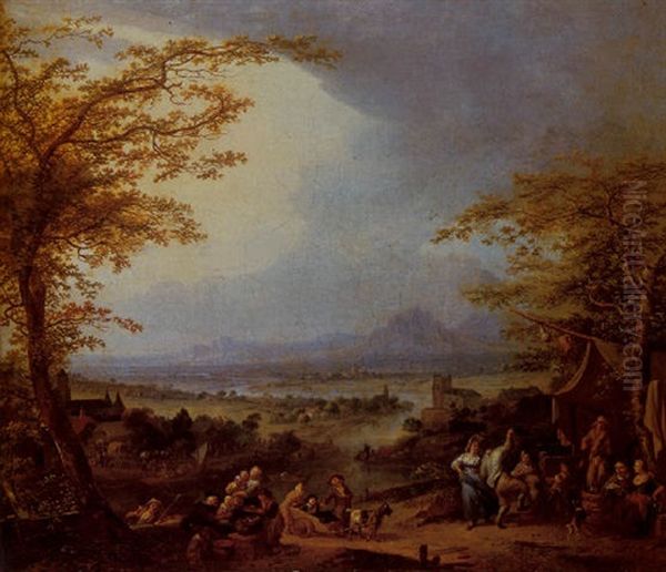 An Extensive Rhineland Landscape With A Village Dance And Children Playing In The Foreground by Christian Wilhelm Ernst Dietrich