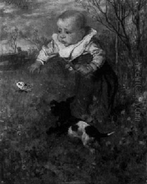 Kleinkind Mit Hund In Wiesenlandschaft by Wilhelm Von Diez