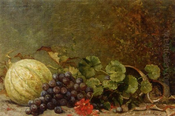 Stilleben Mit Trauben, Einer Melone Und Einem Zerbrochenen Topf Mit Geranien by Leopold van Dijcke