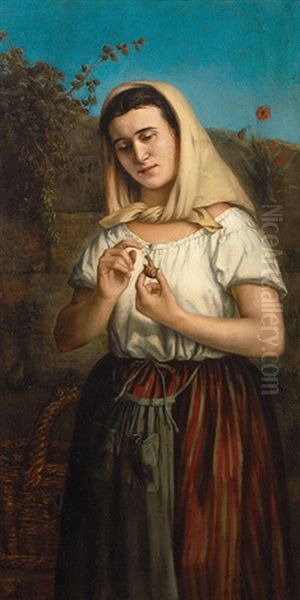 Junge Frau In Landlicher Tracht Betrachtet Eine Schnecke by Hendrick Joseph Dillens