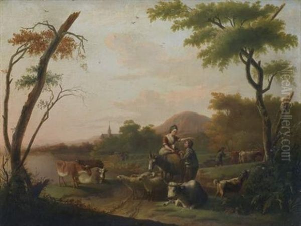 Villageoise Parmi Ses Animaux Conversant Avec Un Patre by Gerardus van Dinter