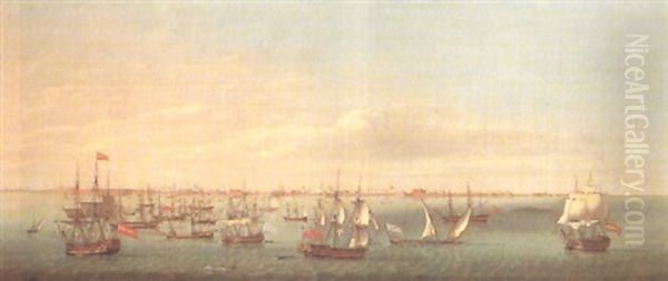 British, French, Portuguese And Spanish Merchantmen And Men Of War Off Cadiz by William Dixon