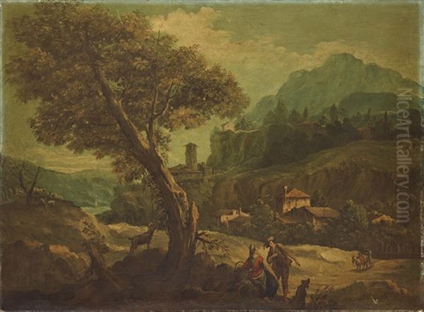 Landscape With Figures Resting By The Passwalk; And River Landscape With Figures by Antonio Diziani