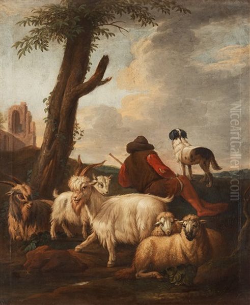 Landscape With A Shepard, Dog And Cattles by Simon van der Does