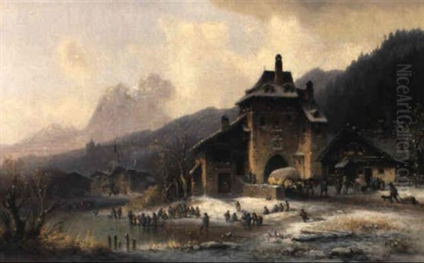 Winterlandschaft Mit Torhaus Und Spielenden Kindern by Anton Doll