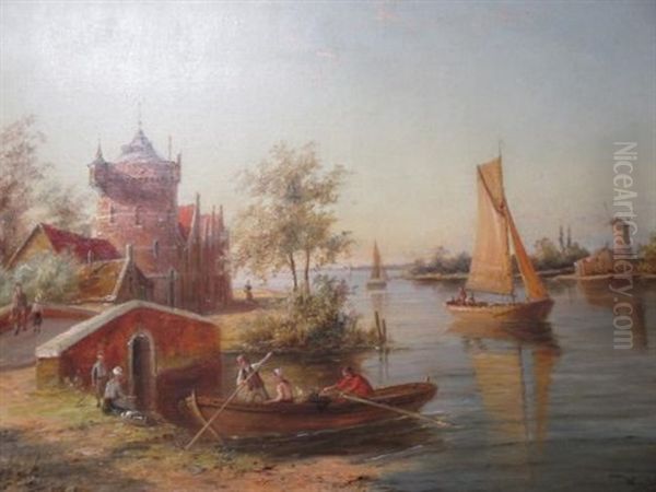 Dutch Customs House With Figures And A Windmill Beyond by William Raymond Dommersen