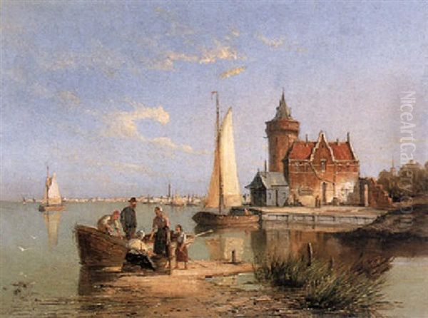 Figures By A Boat In A Bay by Pieter Cornelis Dommershuijzen