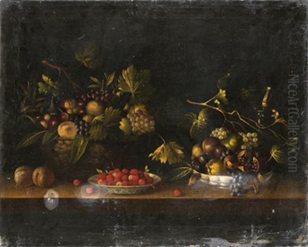 Nature Morte Au Panier Et A La Coupe De Fruits Pres D'une Assiette De Framboises by Paul Dorival