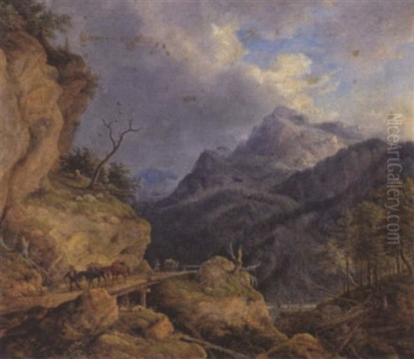 Eine Gebirgslandschaft Mit Maultiertreibern by Johann Jakob Dorner the Younger