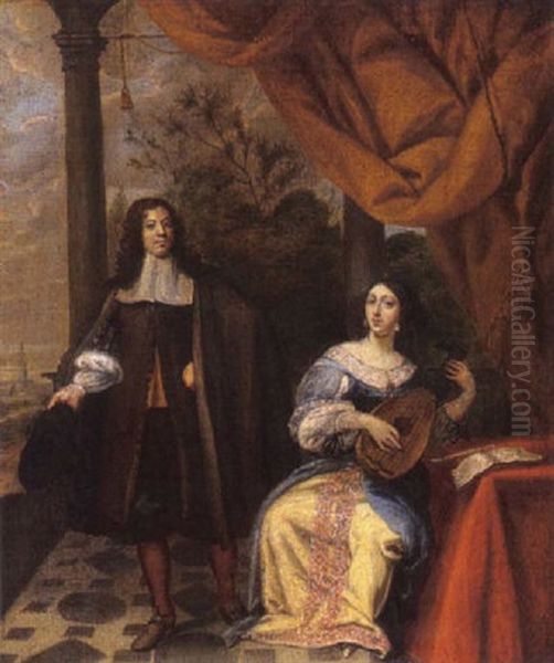 A Gentleman And A Lady With A Lute On A Balcony by Gerrit Dou