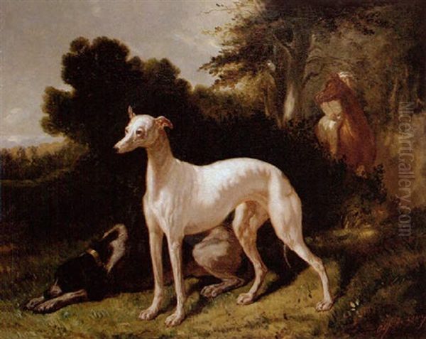 A Whippet, A Hound And A Huntsman In A Landscape by Alfred De Dreux