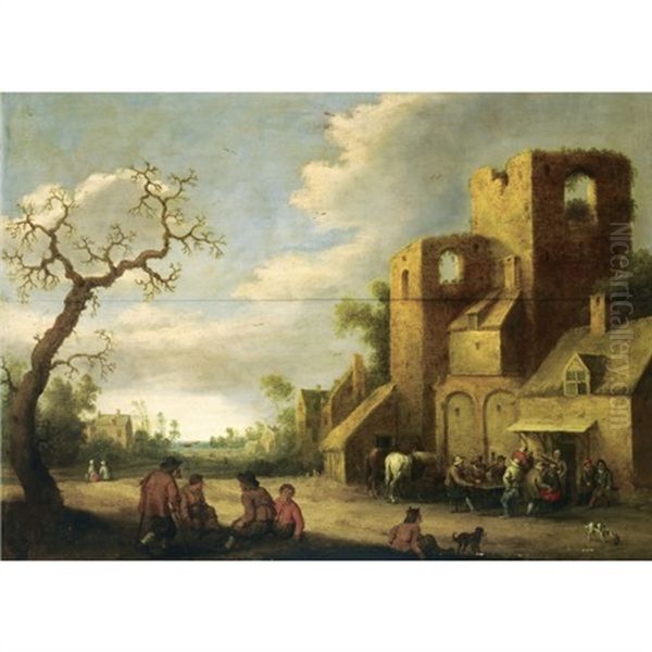 A Village Scene With Peasants Drinking Outside An Inn, Other Figures Resting Beneath A Tree by Joost Cornelisz. Droochsloot