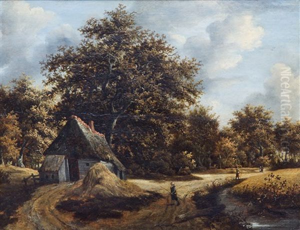 A Forest View With Figures On A Path Near A Cottage by Guillam Dubois