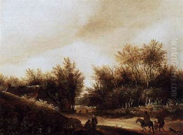 A Hilly Wooded Landscape With A Horseman And Other Figures On A Path by Guillam Dubois