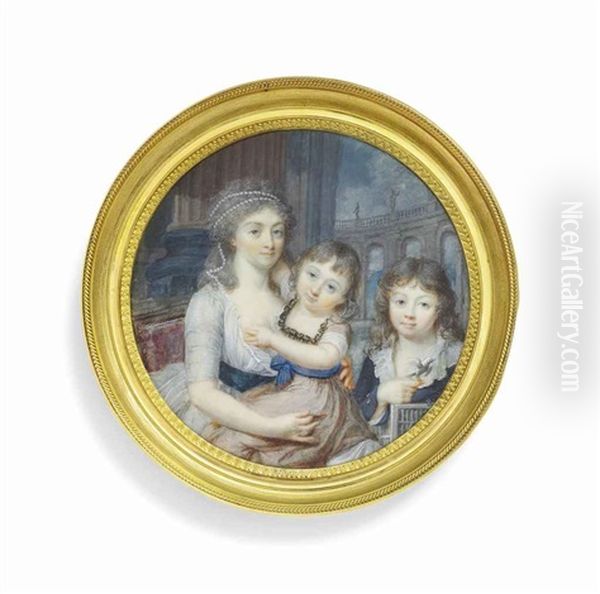 A Mother, In A Pale Blue Dress, Holding Her Young Daughter On Her Lap, Seated, Next To Her Son In A Blue Jacket, A Small Bird Resting On His Finger by Augustin Dubourg