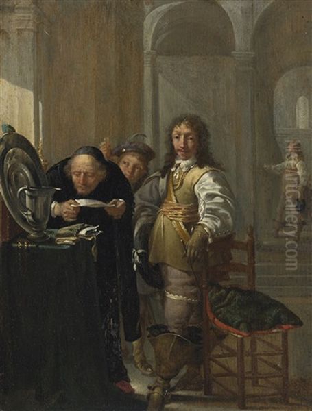 A Cavalier Selling His Goods, With An Old Man Reading A Document And A Young Boy Holding A Coin by Jacob Duck