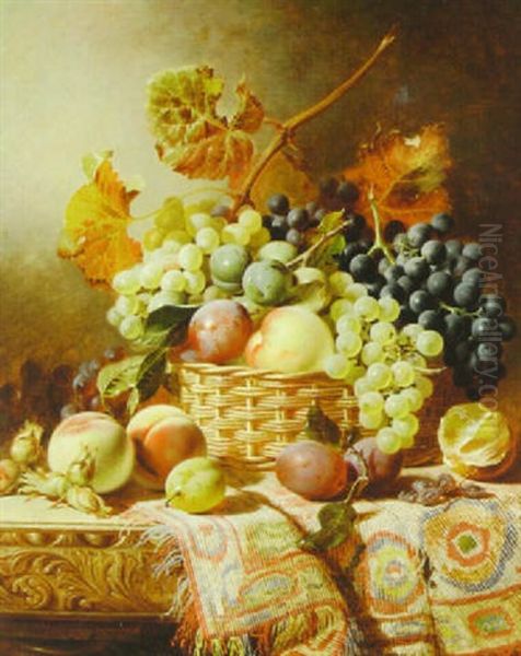 Still Life With Mixed Fruit, Hazelnuts And Raisins On A Draped Table by William Duffield