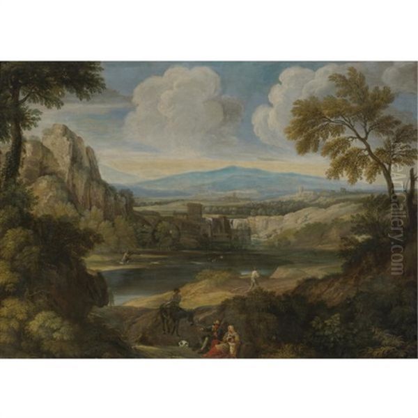 Extensive Italianate Landscape With Peasants In The Foreground Oil Painting - Gaspard Dughet