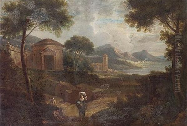 An Italianate Landscape With Figures On A Country Path, A Temple And Ruins Beyond by Gaspard Dughet