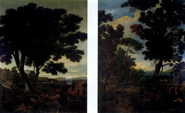 Paesaggio Boscoso Con Pastori E Gregge, (+ Paesaggio Boscoso Con Sarcofage Romano E Pastore Con Gregge; Pair) by Gaspard Dughet