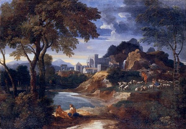 An Italianate River Landscape With A Villa And Shepherds Resting With Their Flock By A Pond by Gaspard Dughet