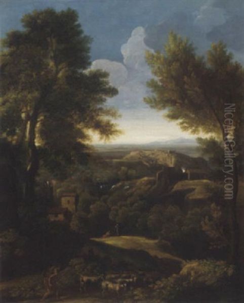 An Extensive Wooded Landscape With A Shephard And His Flock On A Path by Gaspard Dughet