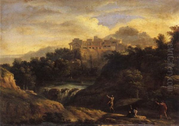 Paesaggio Fluviale Con Figure E Citta Sullo Sfondo by Gaspard Dughet