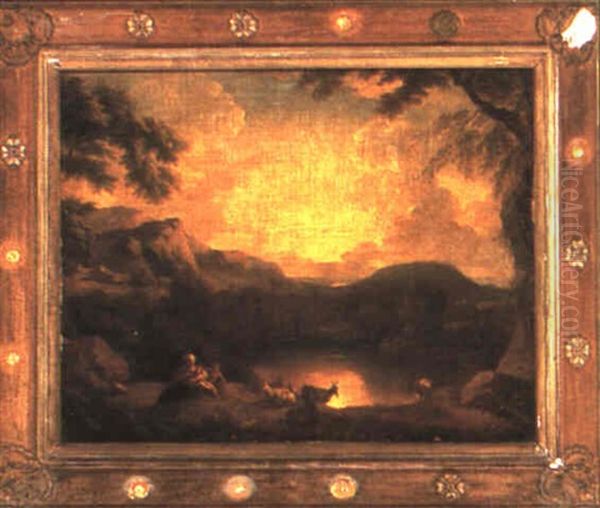 Italianate Landscape With Figures Resting Near A Lake by Gaspard Dughet