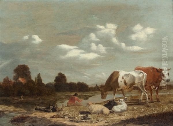 Cattle By A Stream With Cowherd And Sheep by Karel Dujardin