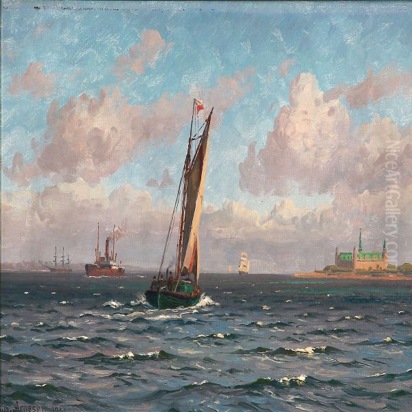 Summer Day With Sailing Ships Near Kronborg Castle by Vilhelm Karl Ferd. Arnesen