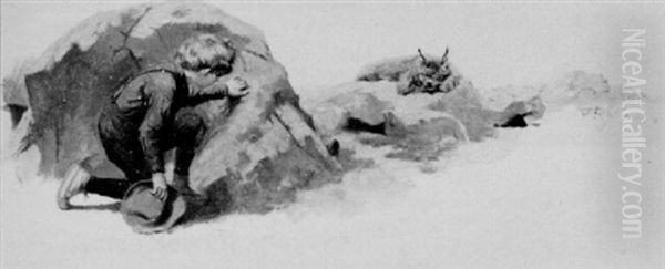 Boy Hiding Behind Rock While Bobcat Basks by William Herbert Dunton