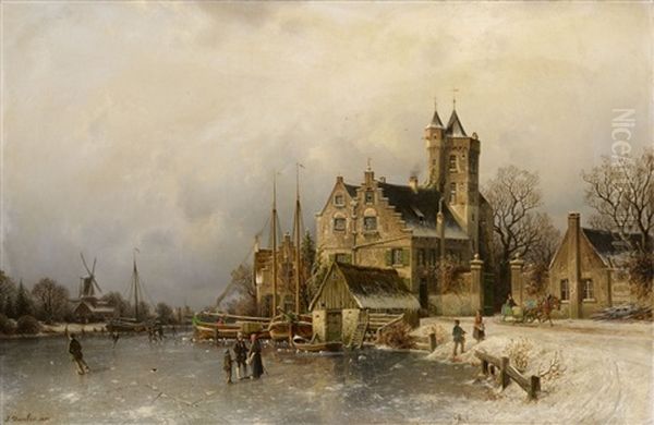 Winterlandschaft Mit Burg An Einem Zugefrorenem Kanal by Johannes Bartholomaeus Duntze