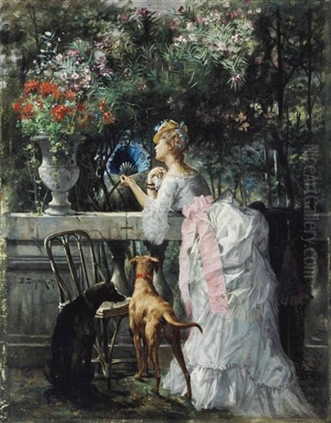 Femme Dans Le Parc Avec Les Chiens by Edmond Louis Dupain